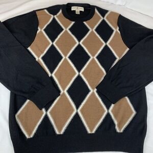 Fairway & Greene Mens Argyle Sweater Baby Alpaca Wool Blend Black Brown Large